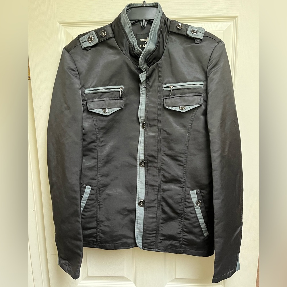 BARABAS MENS BLACK GRAY TRIM  COAT JACKET SIZE SMALL EUC BUTTON UP POCKETS